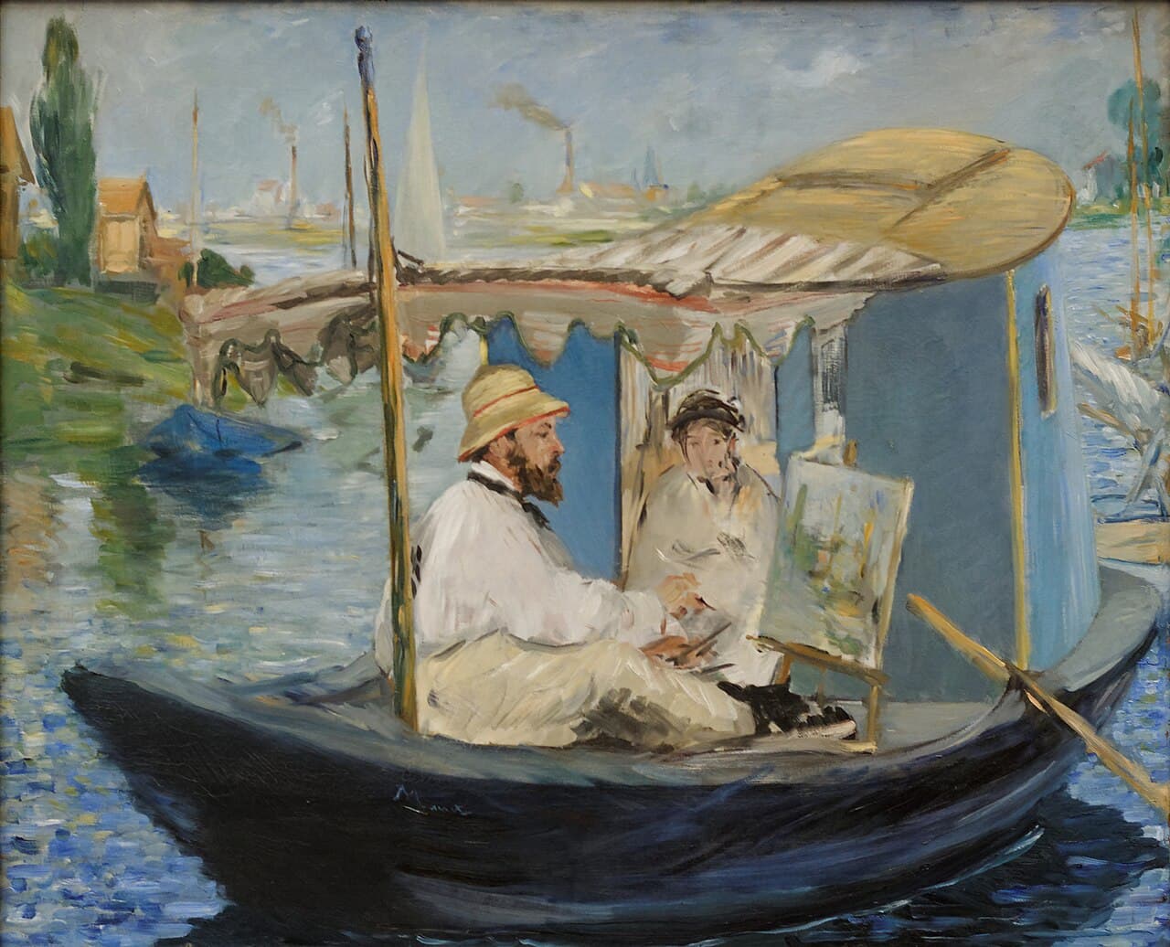 Claude Monet painting in his studio boat (1874)