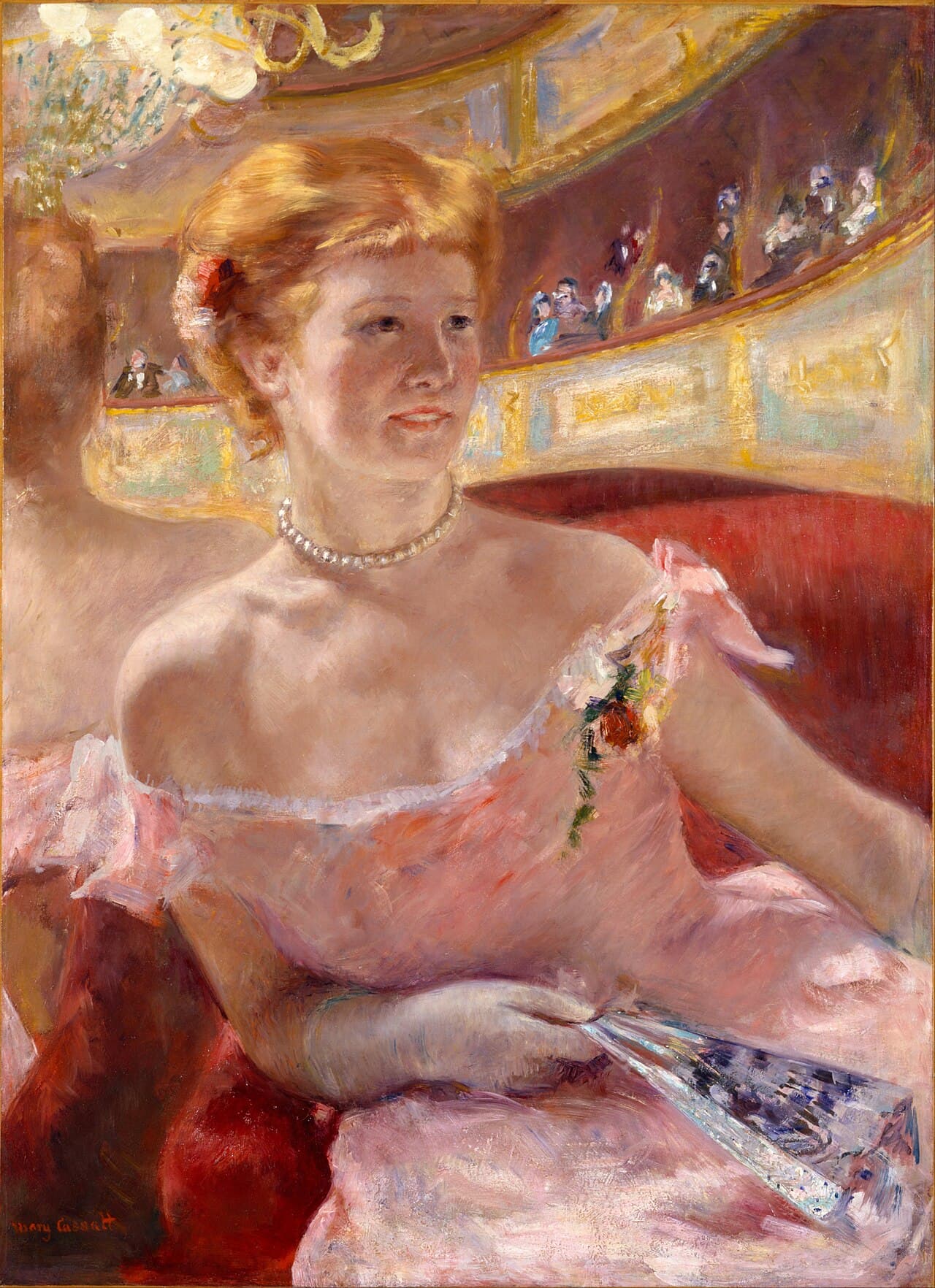 Woman with a Pearl Necklace in a Loge by Mary Cassatt (1879)