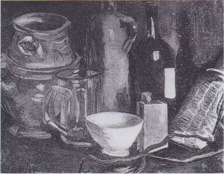 Still Life with Pottery, Beer Glass and Bottle (1884)