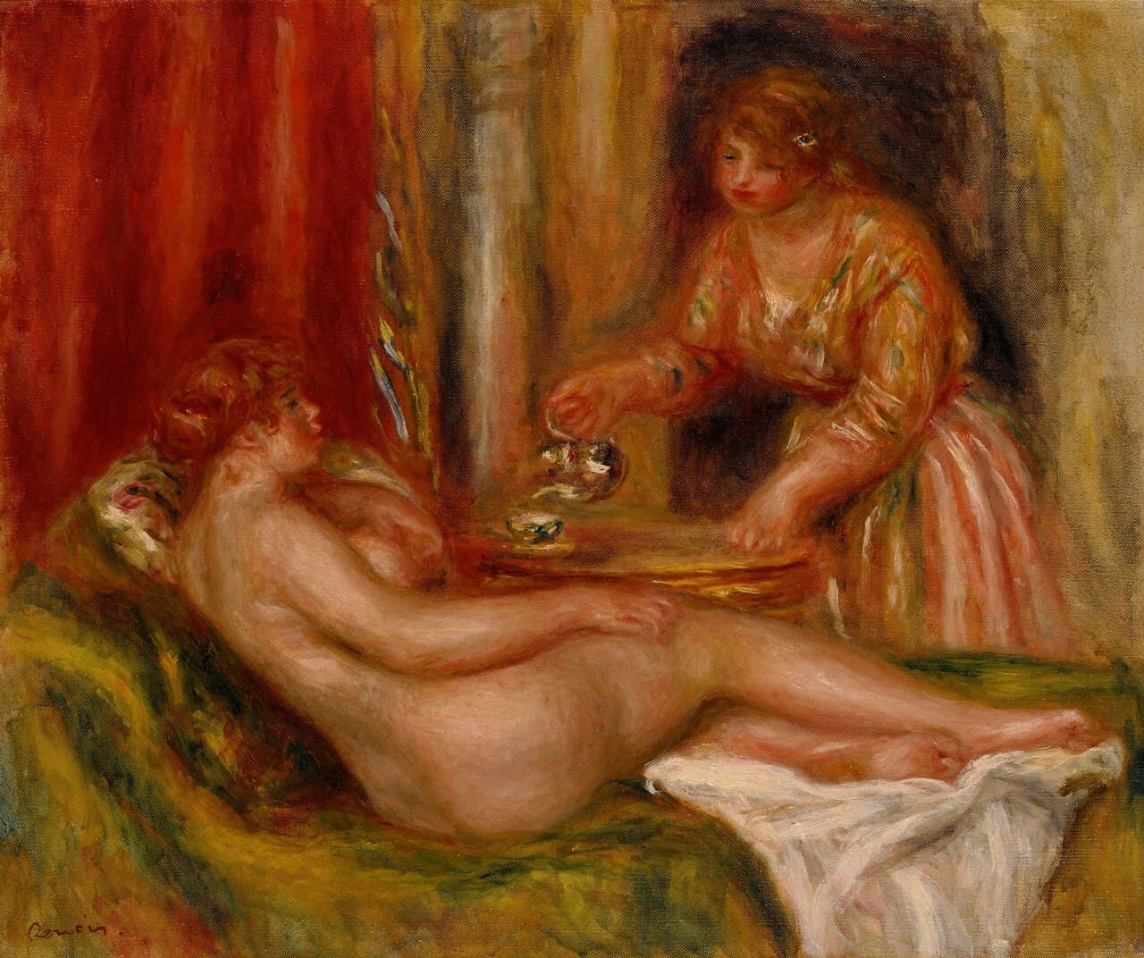 Reclining Nude and Servant Serving Tea (1916)