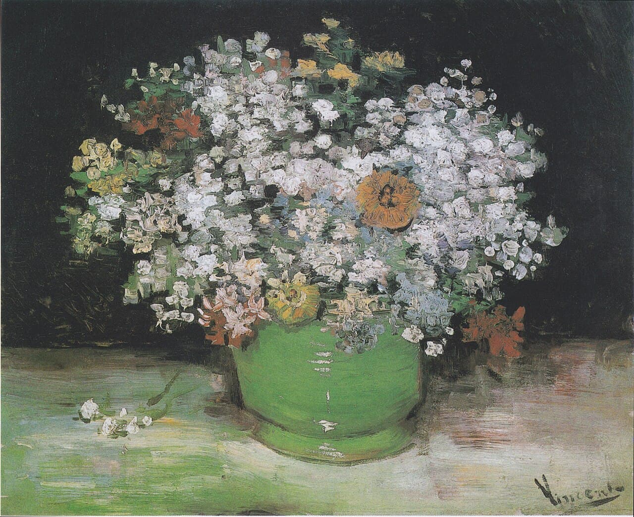 Bowl with Zinnias and Other Flowers (1886)