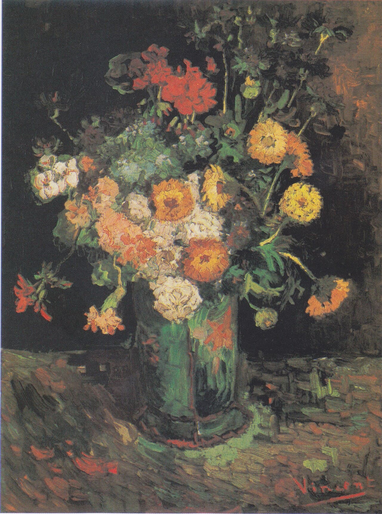 Vase with Zinnias and Geraniums (1886)