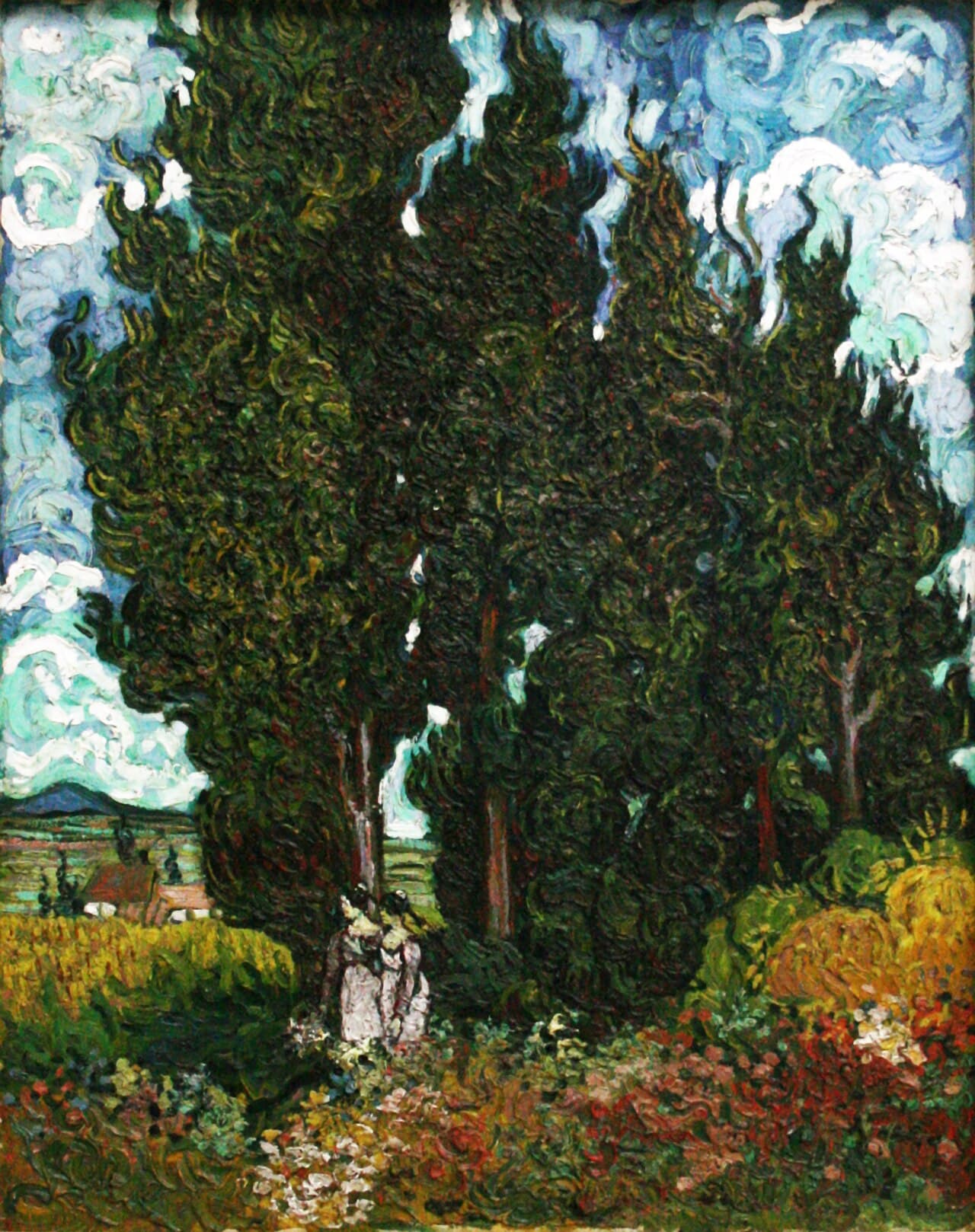 Cypresses with two figures by Vincent van Gogh (1889)