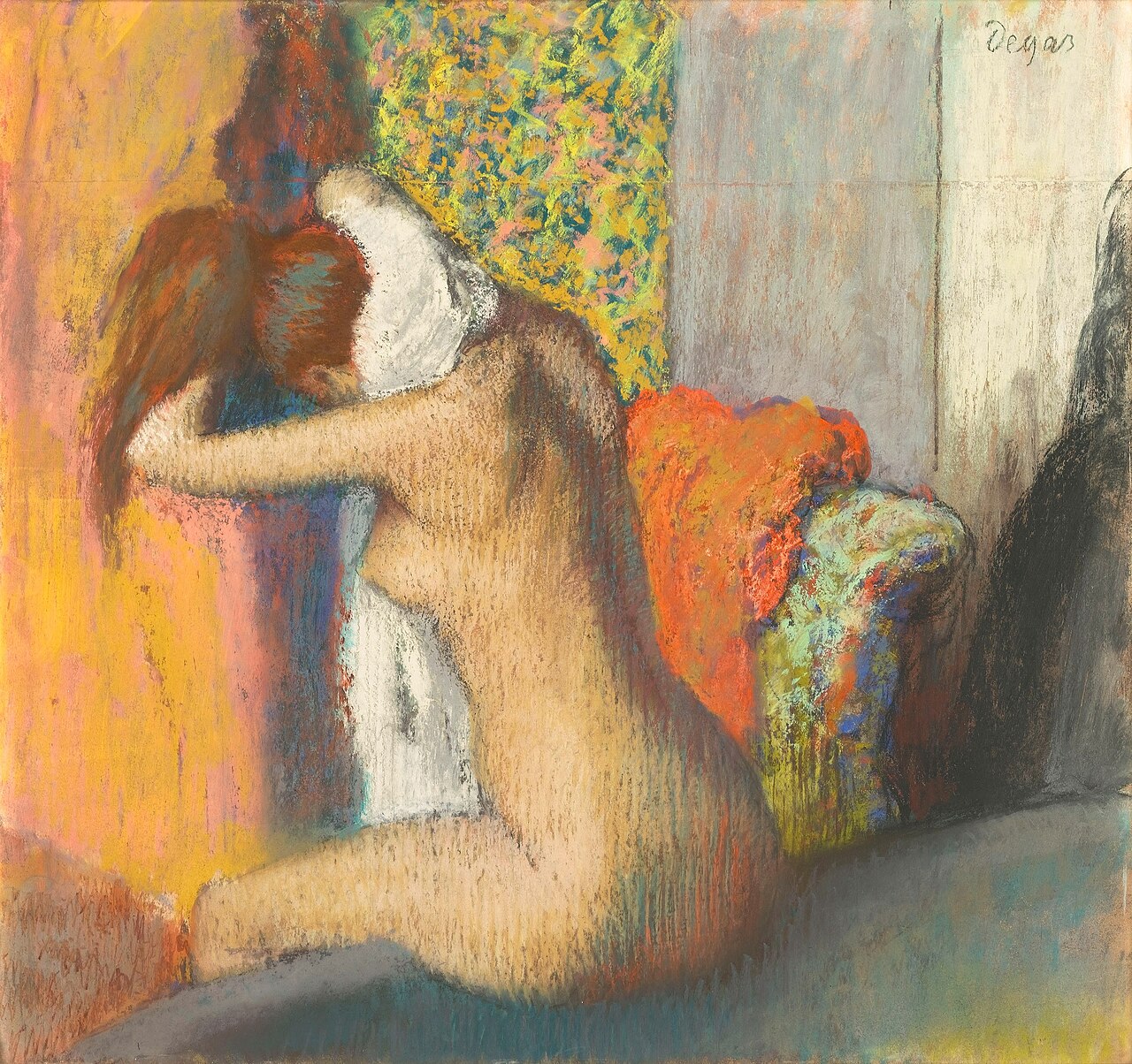 After a Bath. Woman Drying the Back of her Neck.