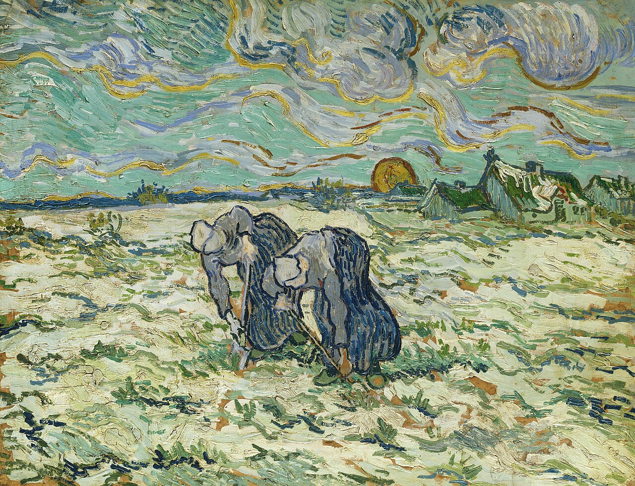 Two Peasant Women Digging in Field with Snow