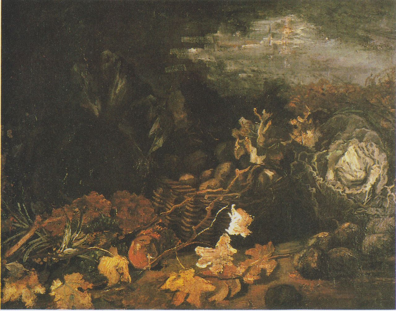 Still Life with a Basket of Potatoes, Surrounded by Autumn Leaves and Vegetables