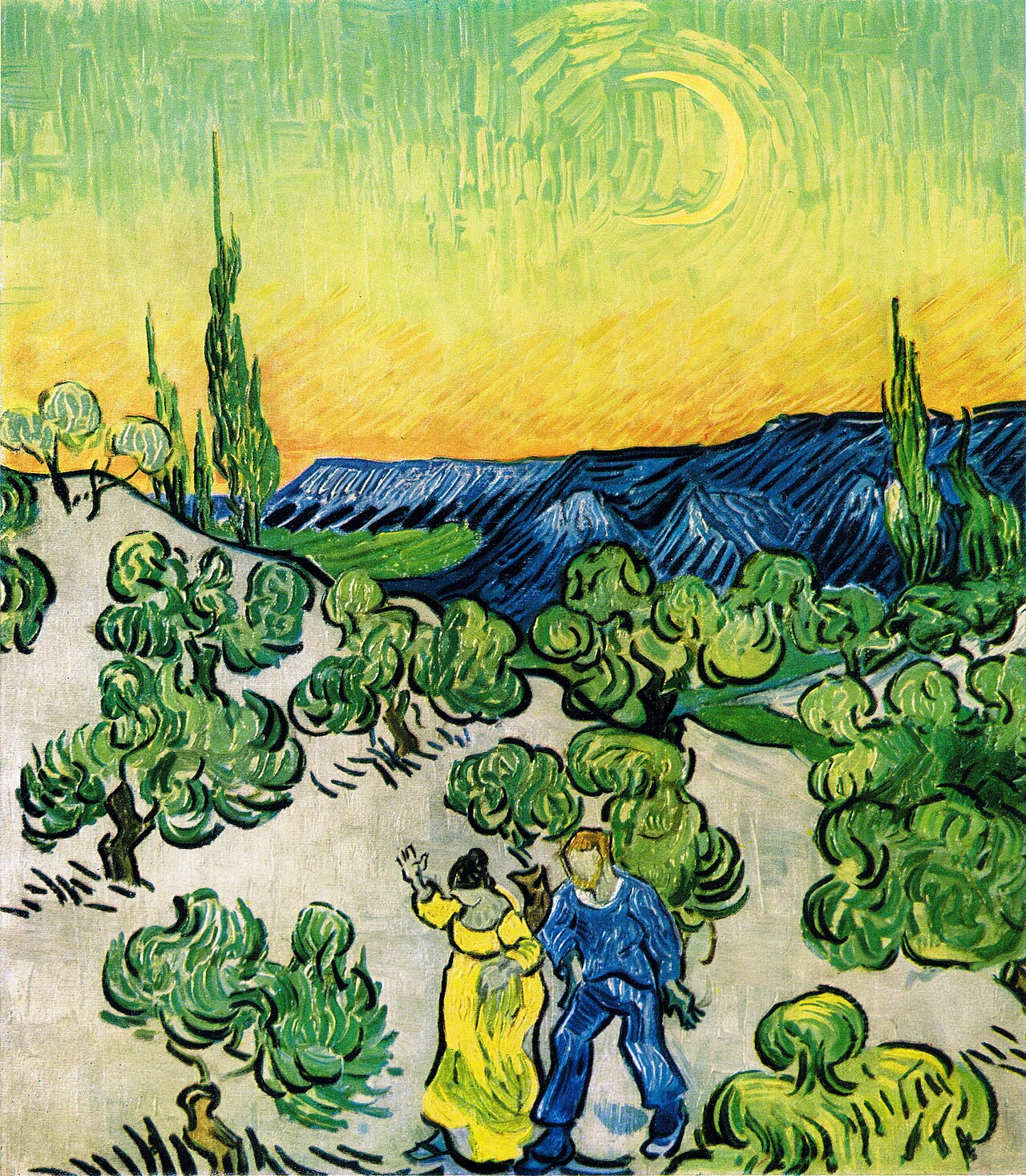 Landscape with Couple Walking and Crescent Moon