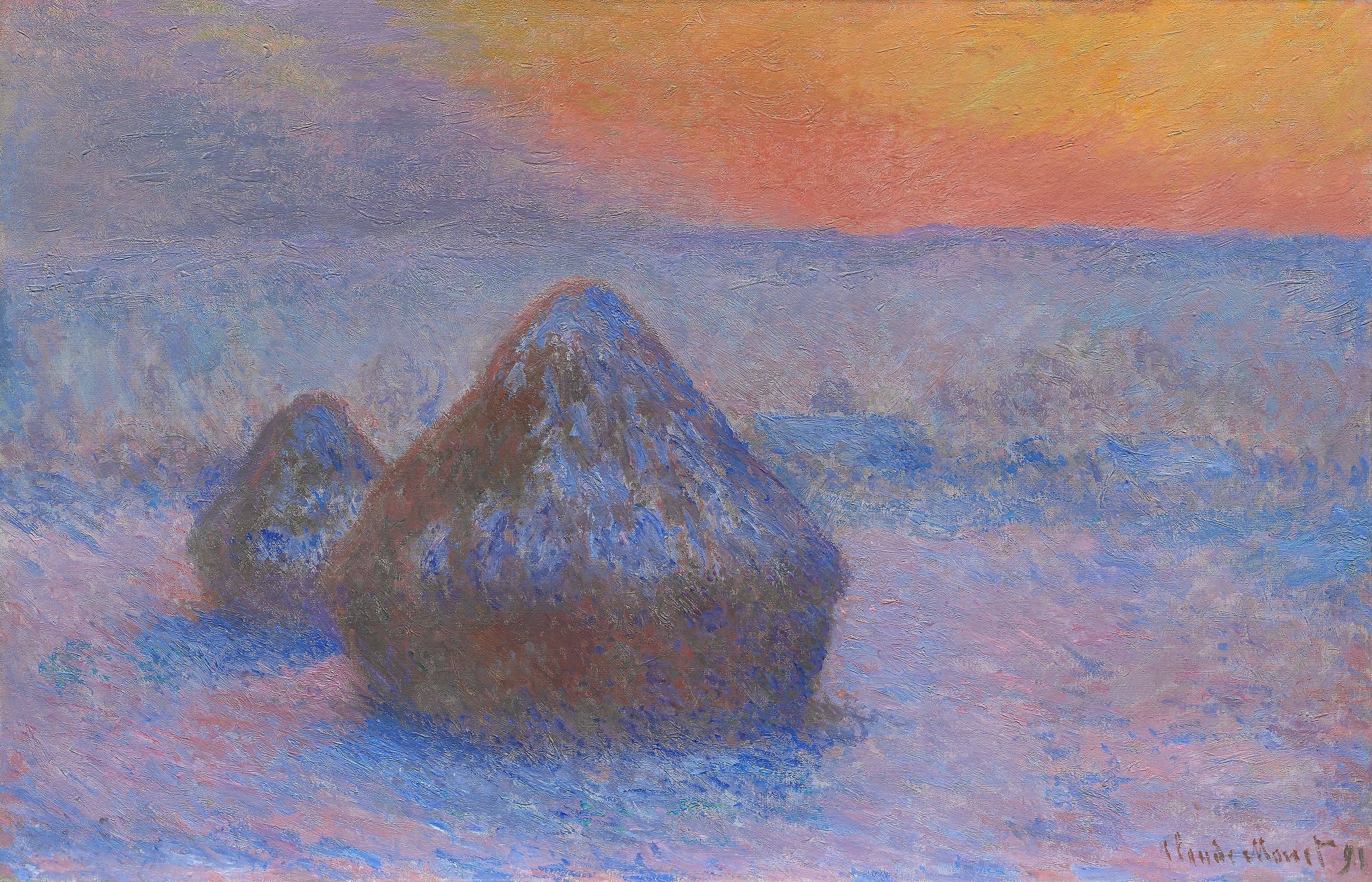 Stacks of Wheat, Sunset, Snow Effect